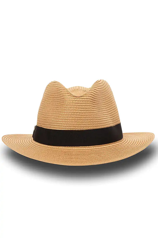 Evoke Caramel Wide Brim Travel Fedora front