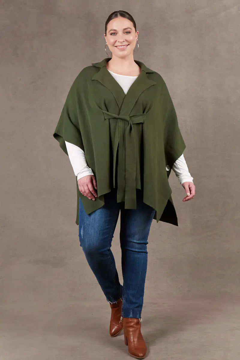 front view of Eb & Ive Nawi Cape in Olive with cape tied up