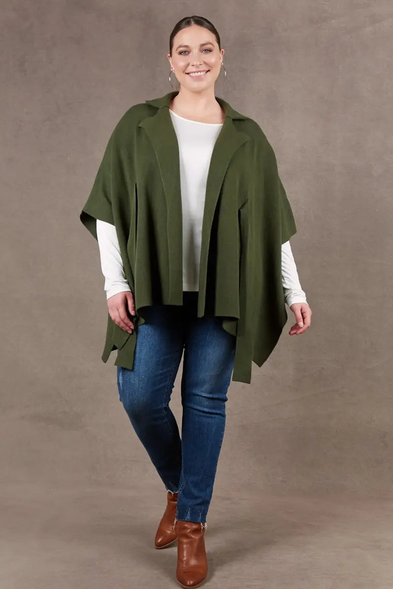 front view of Eb & Ive Nawi Cape in Olive with cape open