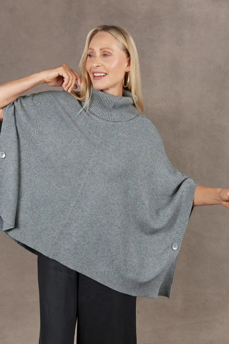 close up front view of the Eb & Ive Nawi Poncho in Smoke