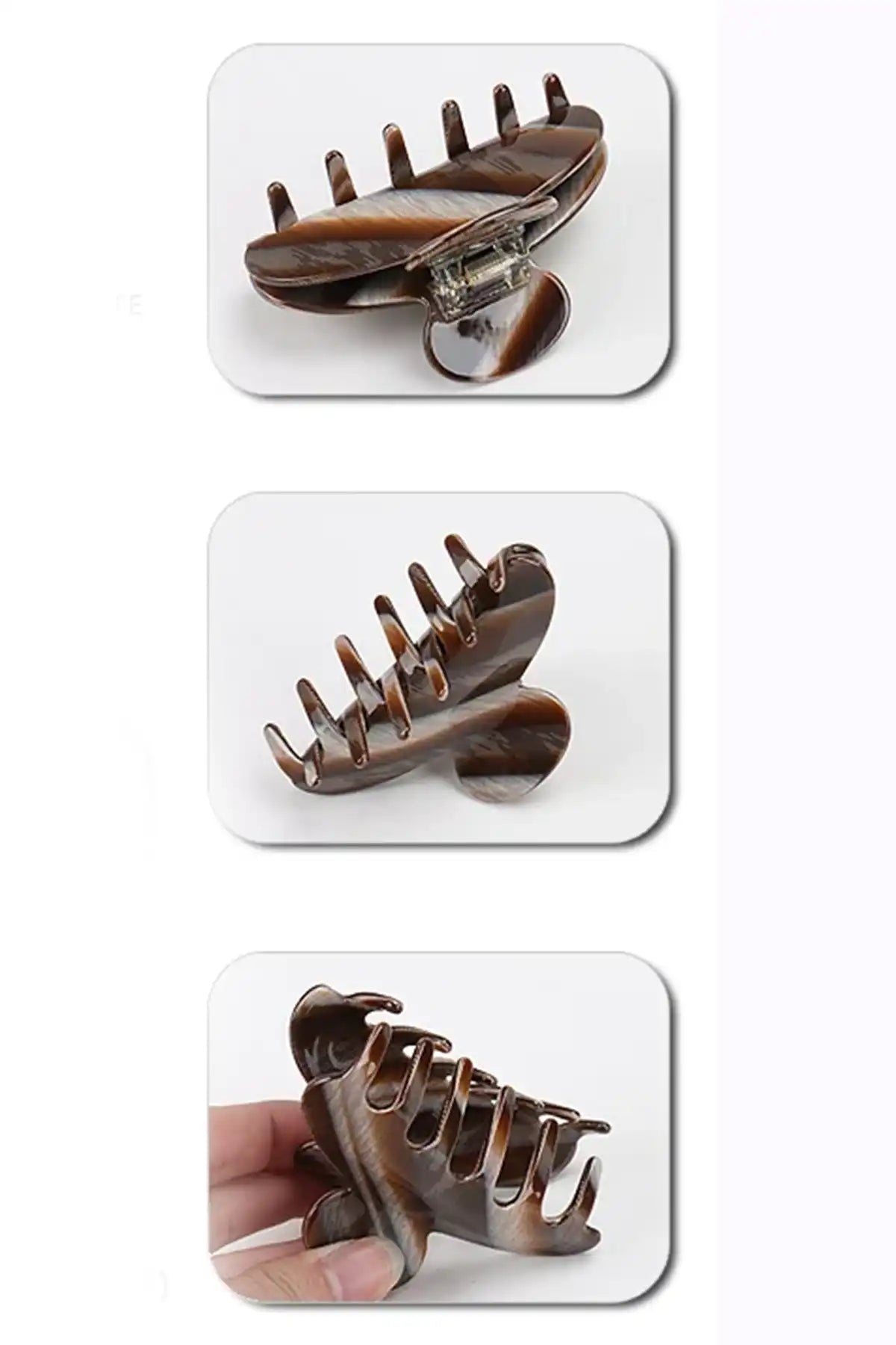 Eco-Friendly 9cm Premium Acetate Claw Clip – Brown Stripe showing the stages of closure design on a white background