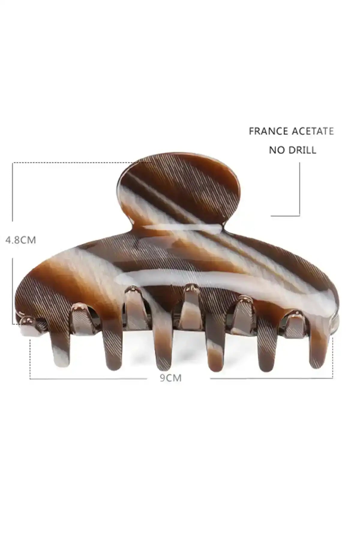 Eco-Friendly 9cm Premium Acetate Claw Clip – Brown Stripe with measurement details on a white background