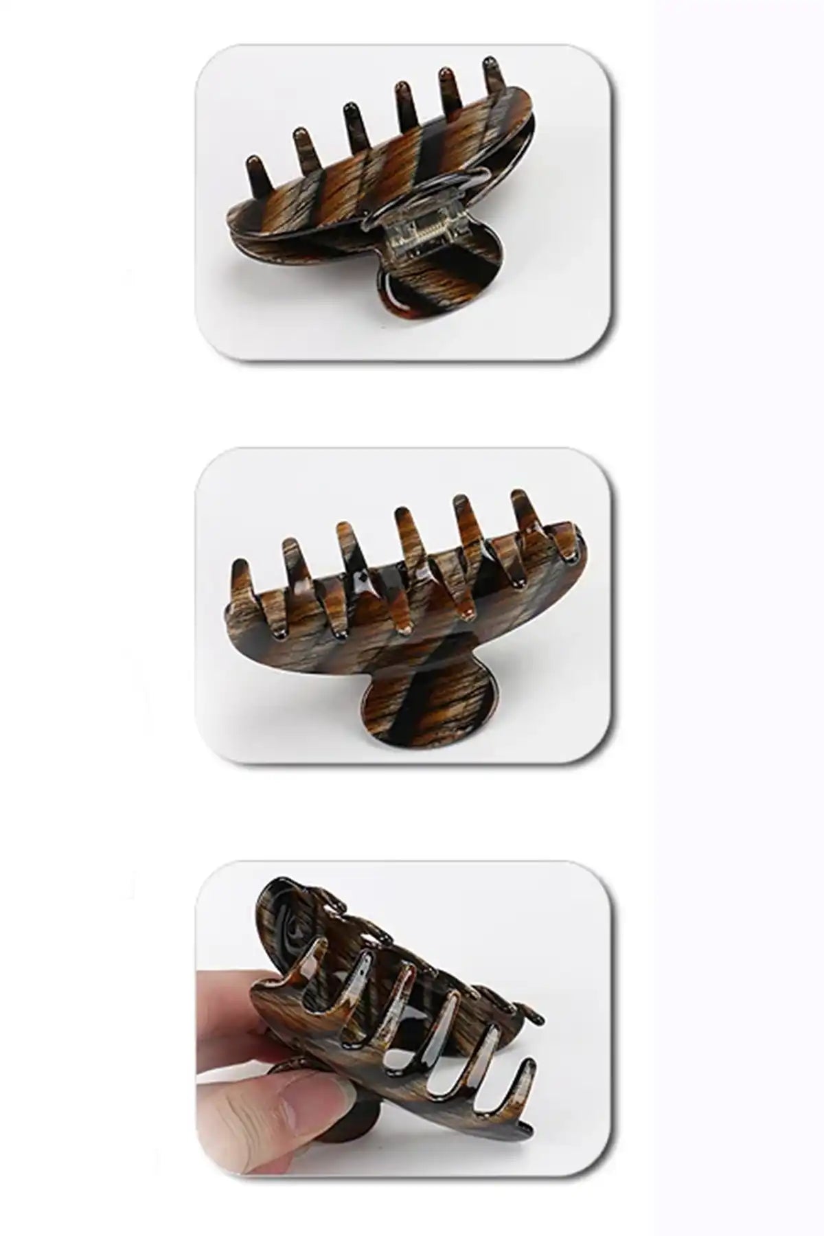 Eco-Friendly 9cm Premium Acetate Claw Clip – Black Brown Stripe showing various stages of closure on a white background