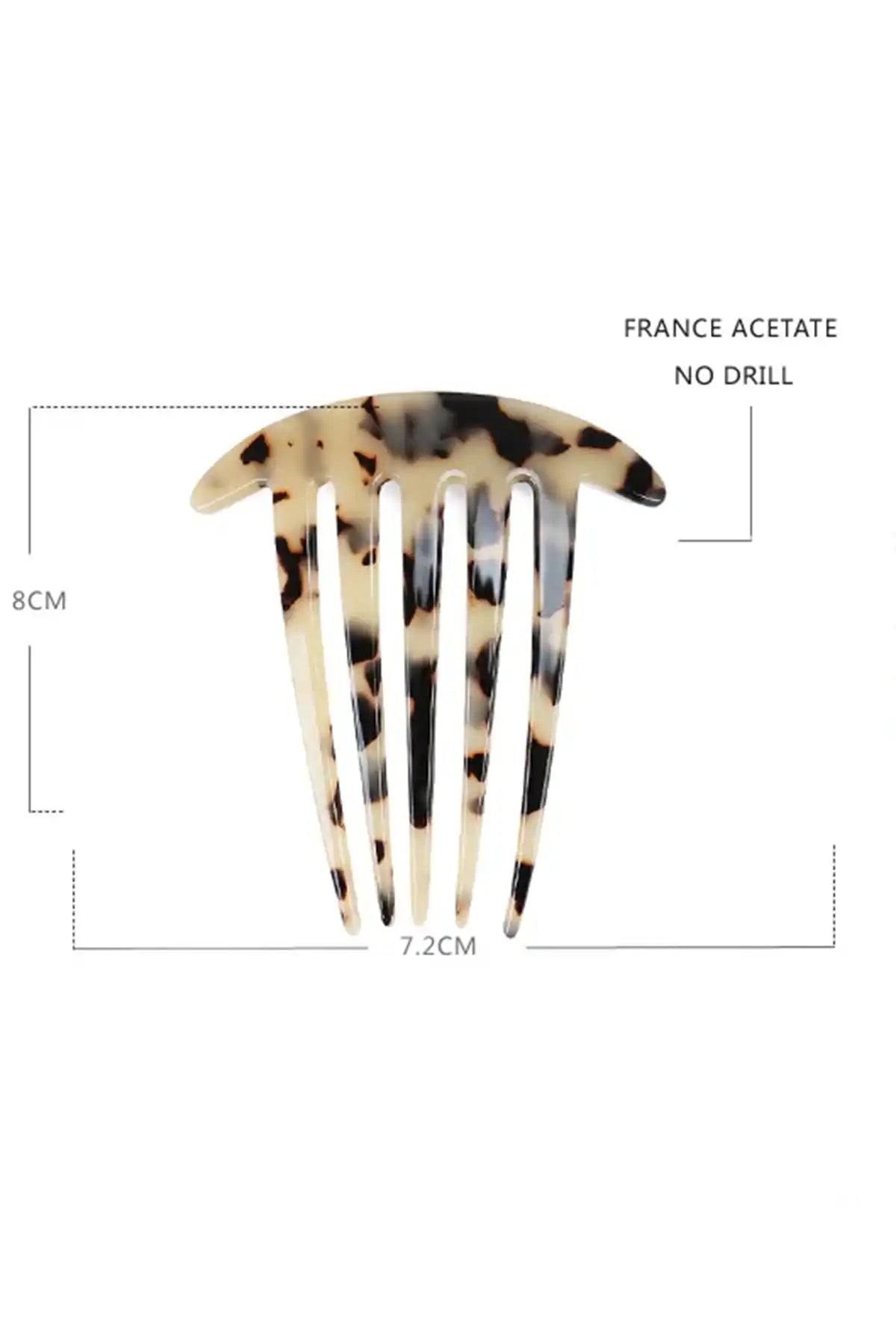 Eco-Friendly Cellulose Acetate Fork Comb – 5 Teeth Ponytail Hair Comb with measurements on a white background