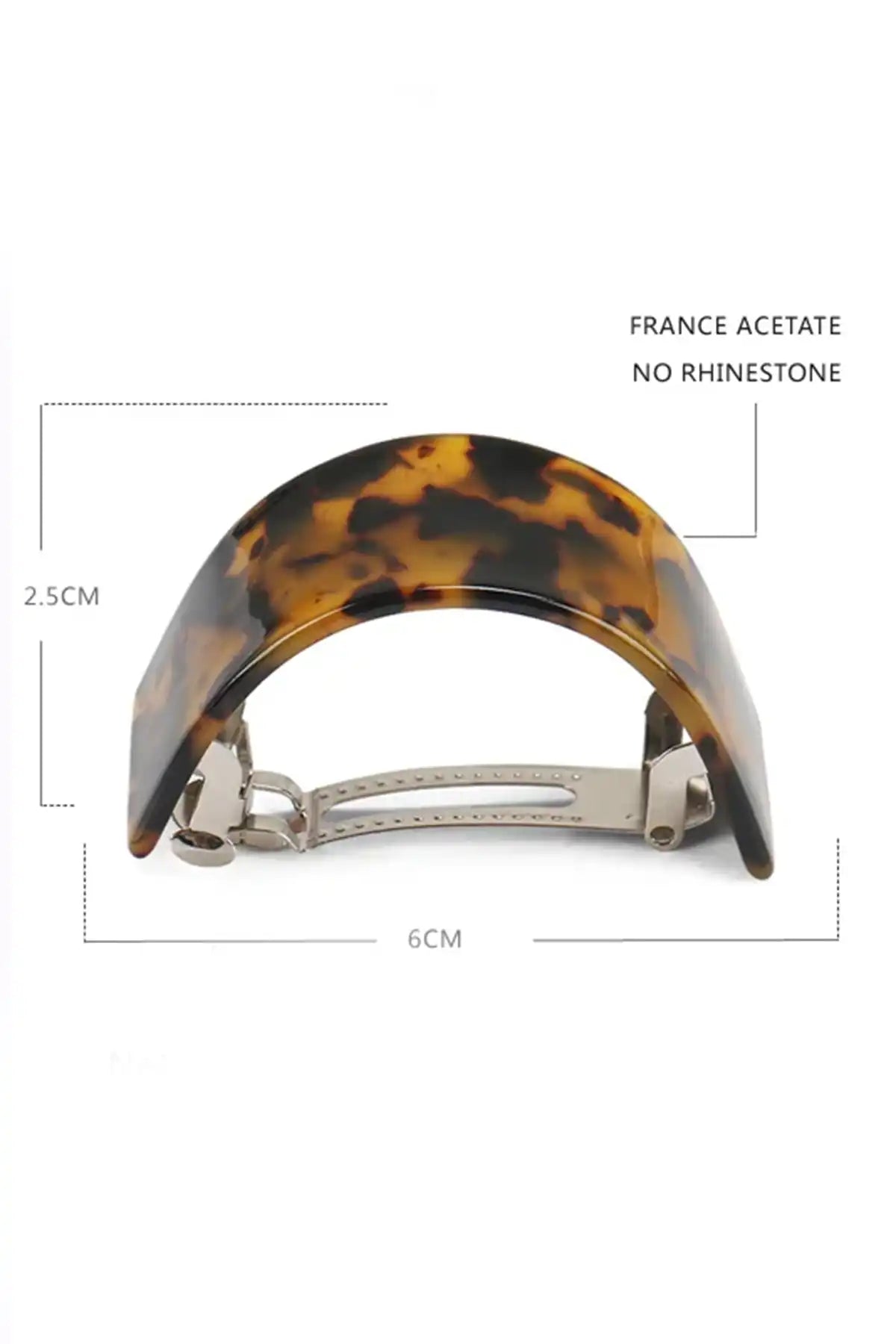 Eco-Friendly Classic Curved Tortoiseshell Acetate Hair Barrette – Dark Tortoiseshell with measurements on a white background