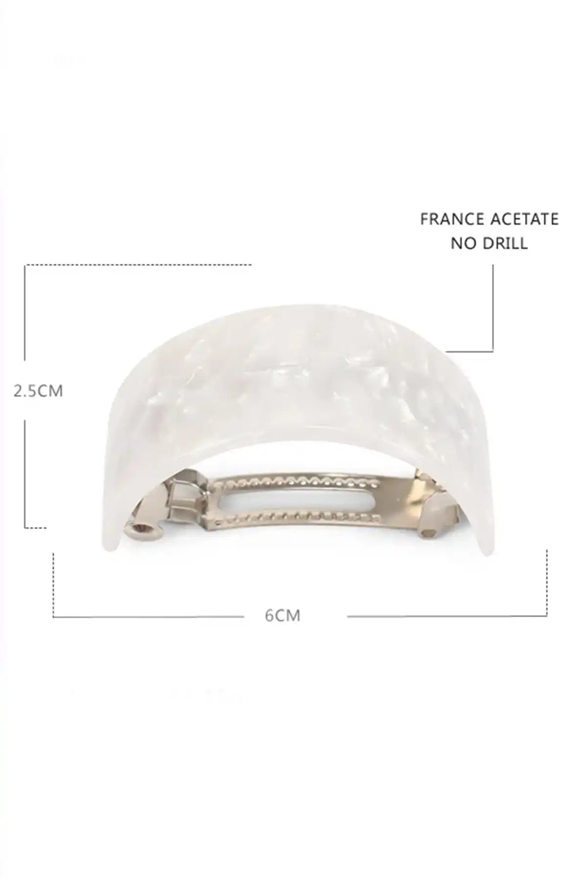 Eco-Friendly Classic Curved Tortoiseshell Acetate Hair Barrette – Pearlised White with measurements on a white background