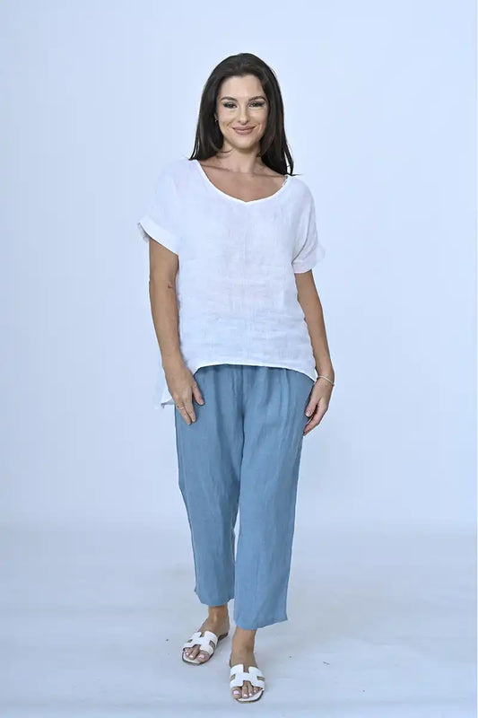 Eli Tapered Linen Pant in Storm Blue