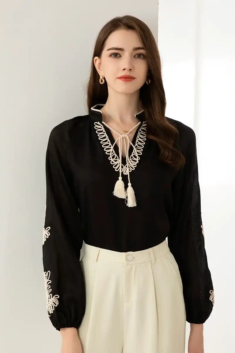 Emie Linen Tie Blouse – Black front view