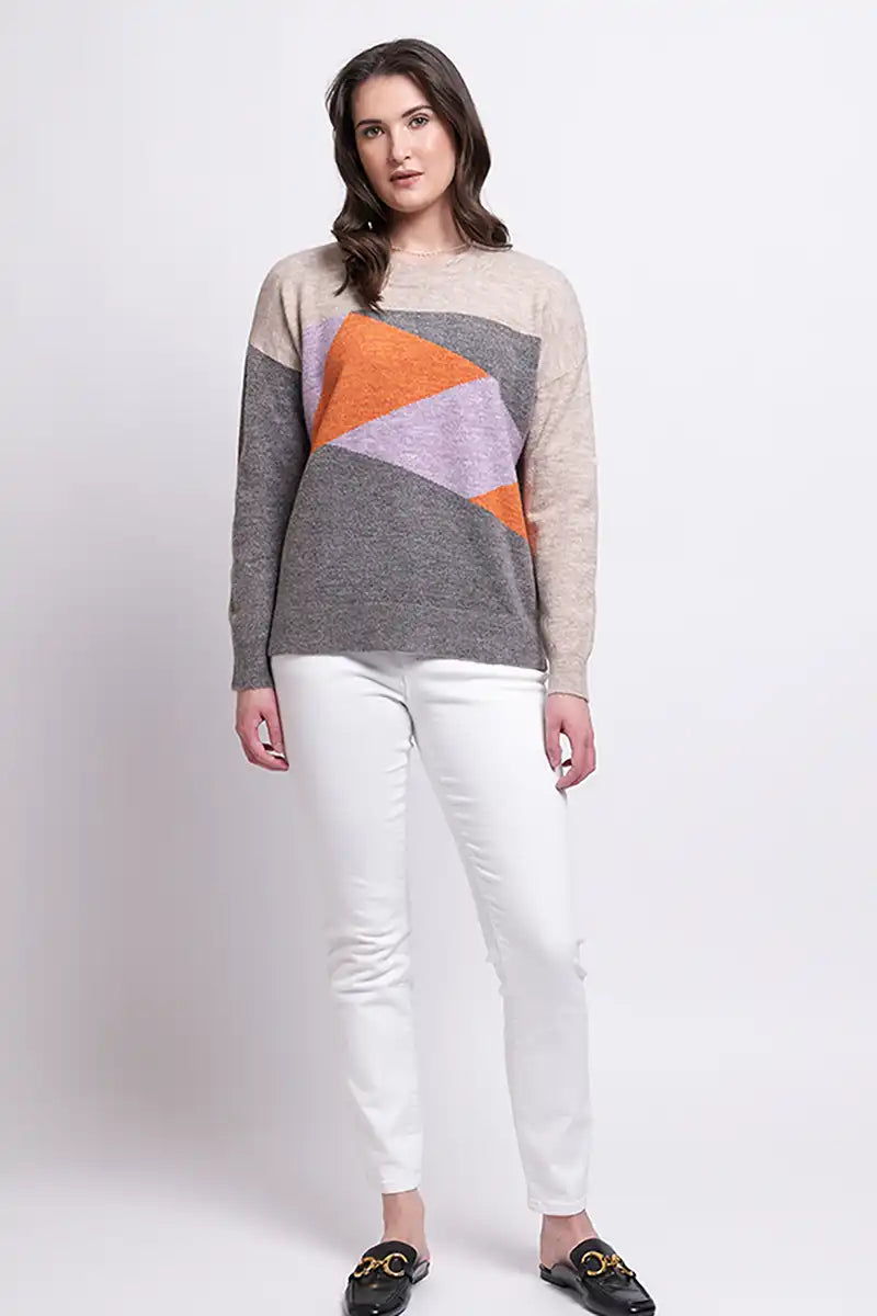Foil Cubist Sweater in Tangerine Combo front with white jeans