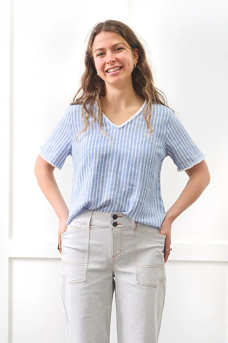 Foil Fringe Benifits Top in Blue Stripe front with shirt tucked in