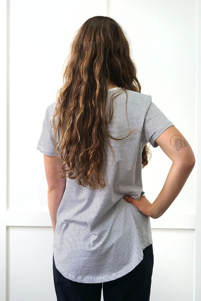 back view of the Foil Fuss Free Essential Tee in Back Stripe