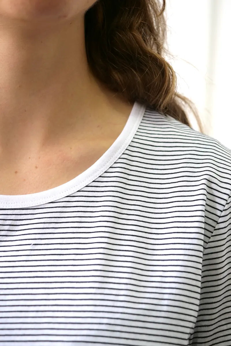 collar and pattern detail on the Foil Fuss Free Essential Tee in Back Stripe