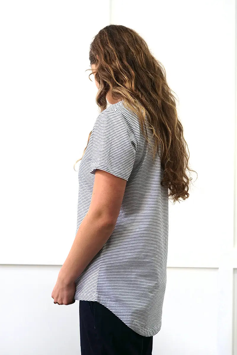 back 3/4 view of the Foil Fuss Free Essential Tee in Back Stripe