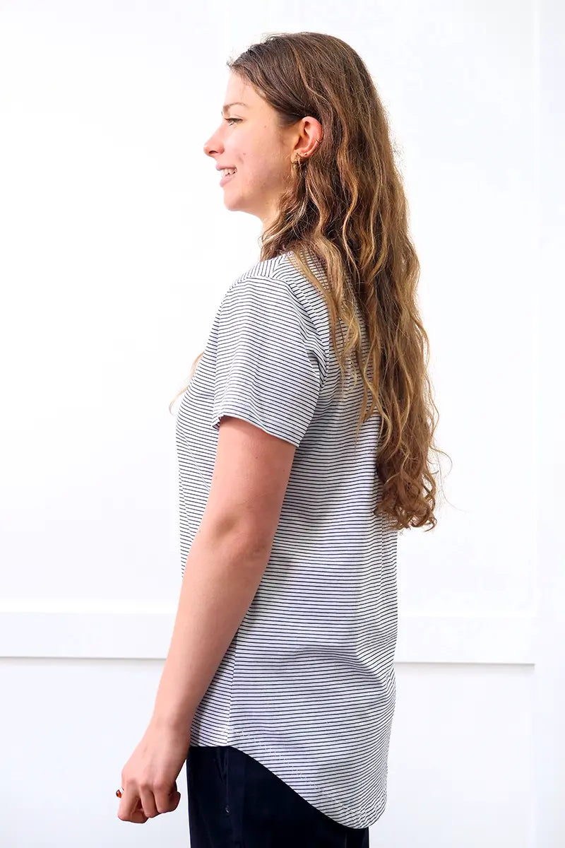side view of the Foil Fuss Free Essential Tee in Back Stripe