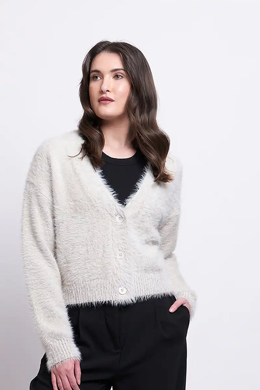 Foil Good Fluff Cardigan in Oyster front