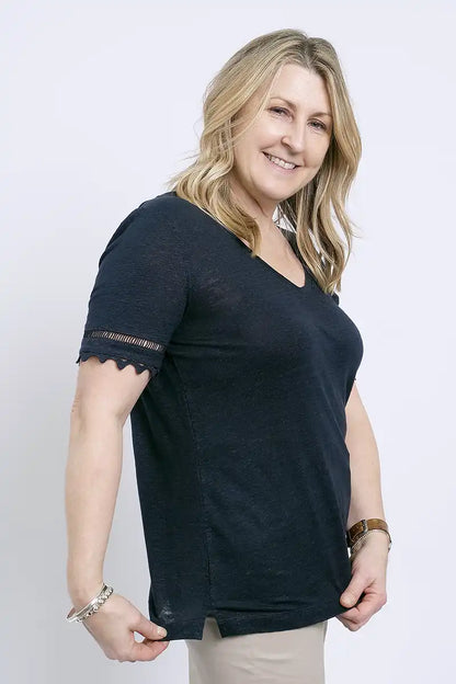 Foil Top All The Trimmings in True Navy side showing hem split