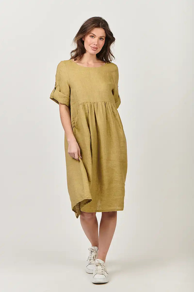 Naturals by O & J Linen Dress in Peridot Mustard front
