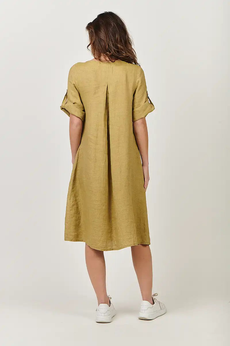 Naturals by O & J Linen Dress in Peridot Mustard back