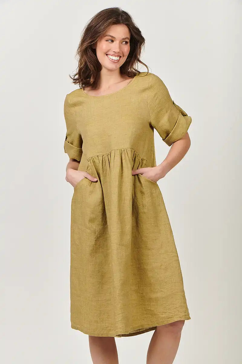 Naturals by O & J Linen Dress in Peridot Mustard FRONT