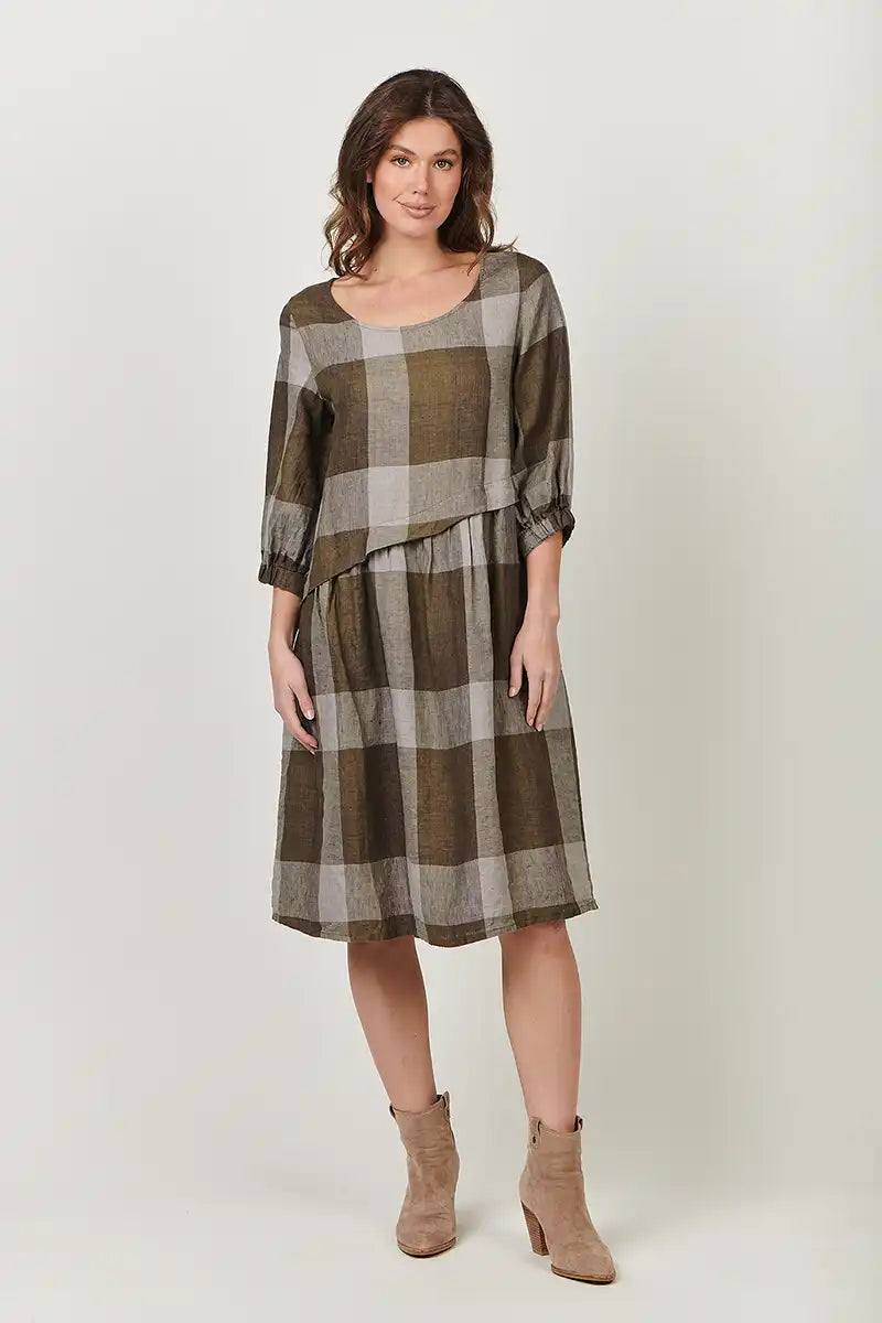Naturals by O & J Linen Dress in Breen Plaid front