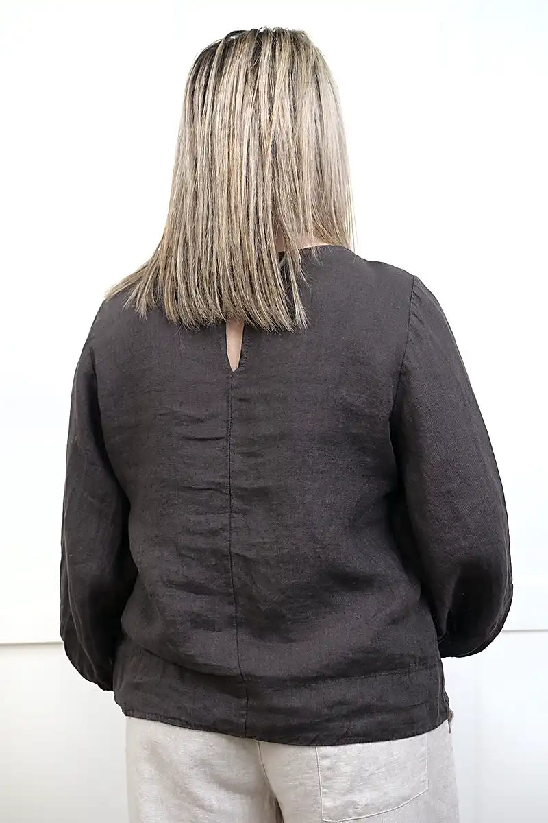 Giovanna Italian Linen Top – Chocolate back detailed view