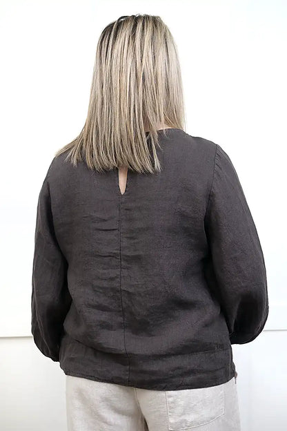 Giovanna Italian Linen Top – Chocolate back detailed view