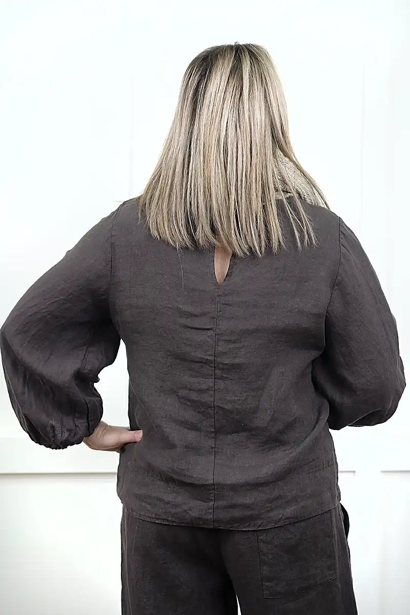Giovanna Italian Linen Top – Chocolate back view
