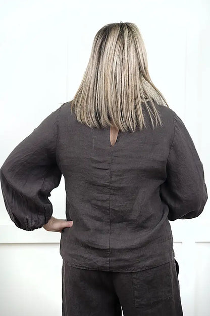 Giovanna Italian Linen Top – Chocolate back view