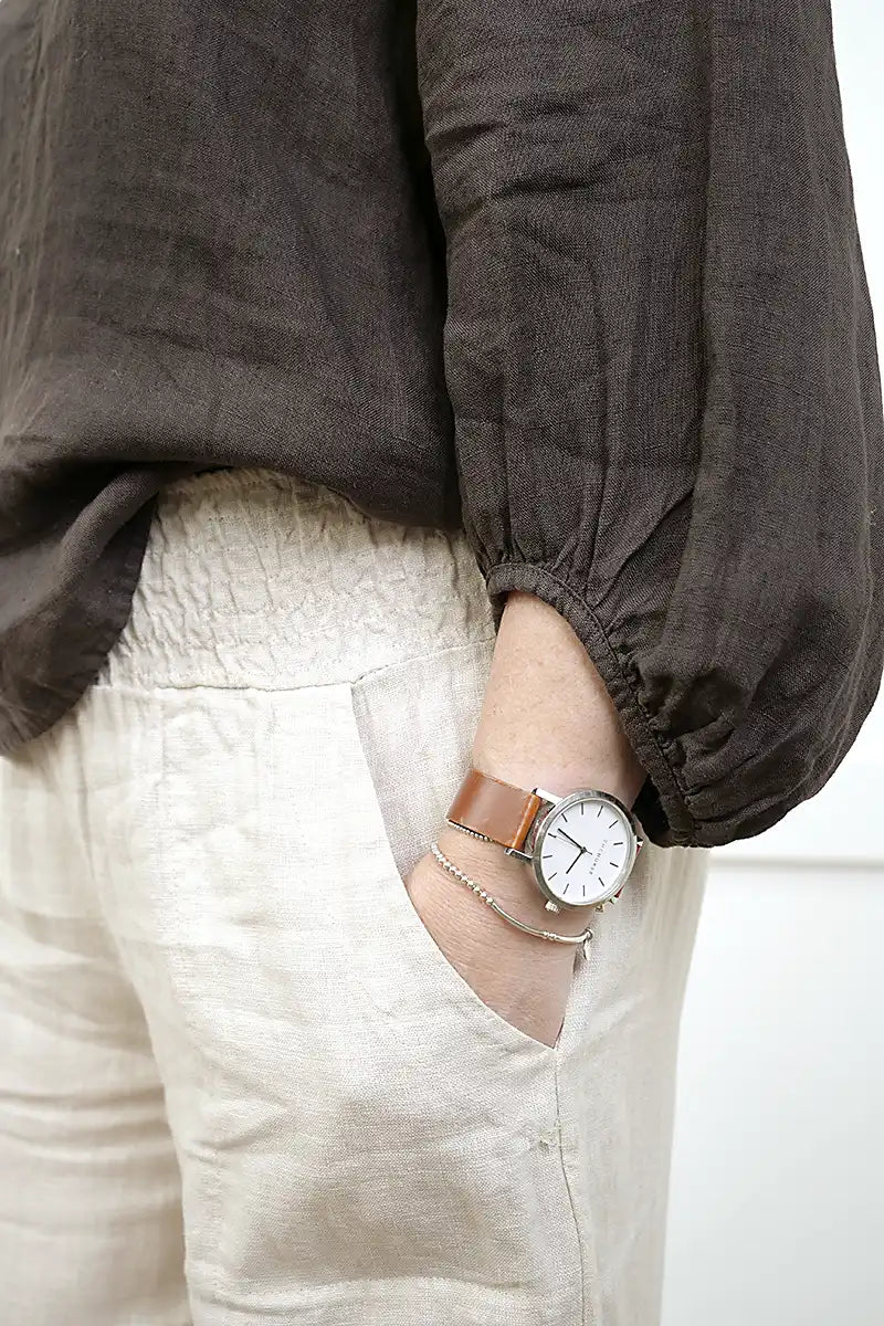 Giovanna Italian Linen Top – Chocolate cuff detail view