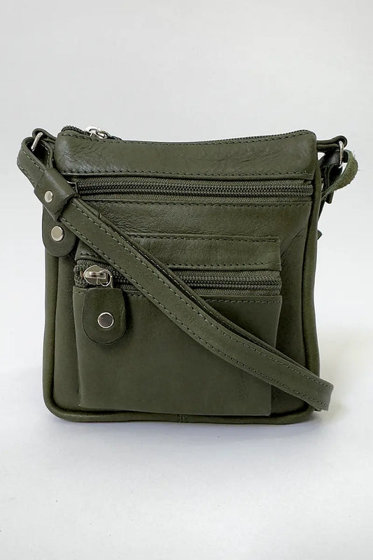 Henk Burg Leather Hand Bag - Jamie Small Green front with zip pockets and shoulder strap showing