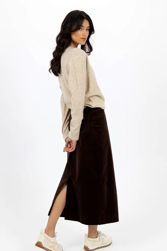 Humidity Billie Cord Skirt in Cocoa back split view