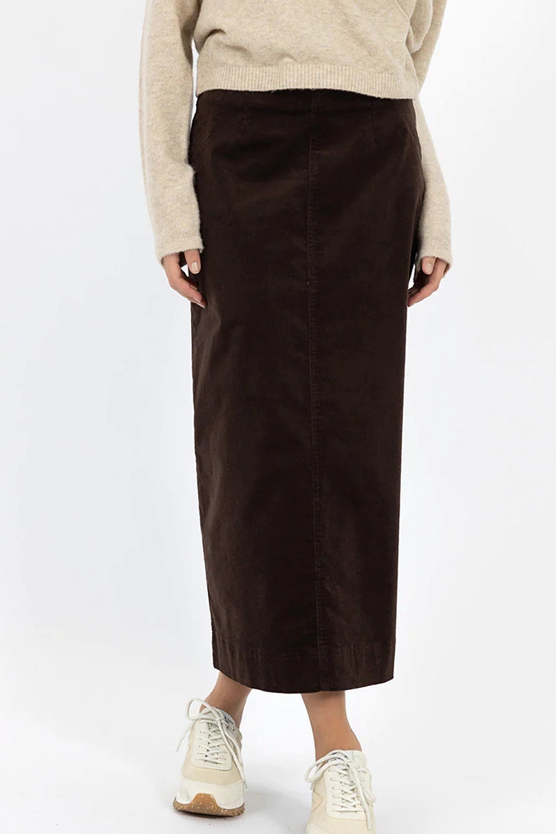 Humidity Billie Cord Skirt in Cocoa detailed front view