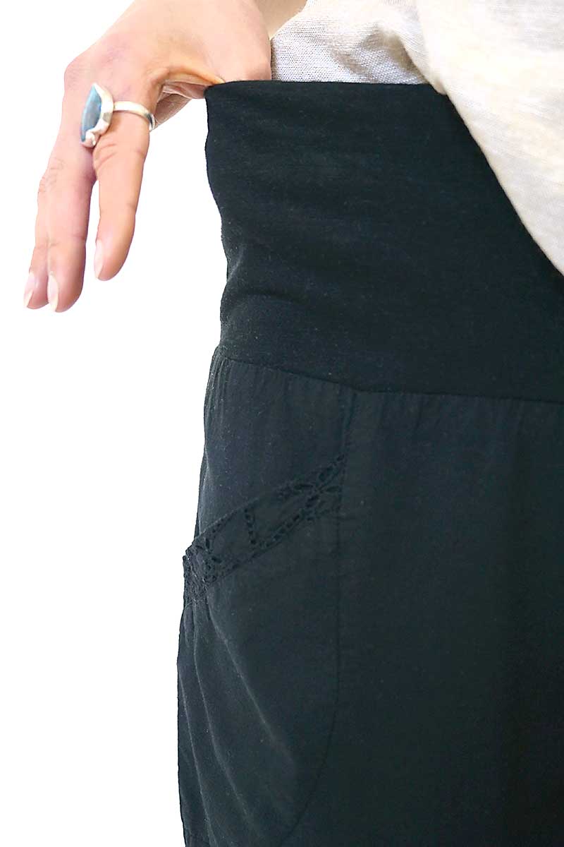 detailed view of the waist band and pocket on the Humidity Castaway Pant in Black