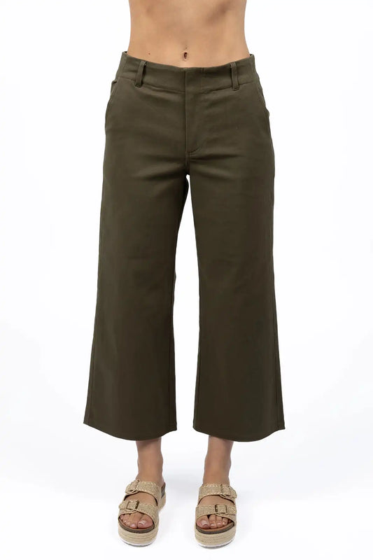 Humidity Margot Drill Pant in Moss wide-leg worn by a person on a white background