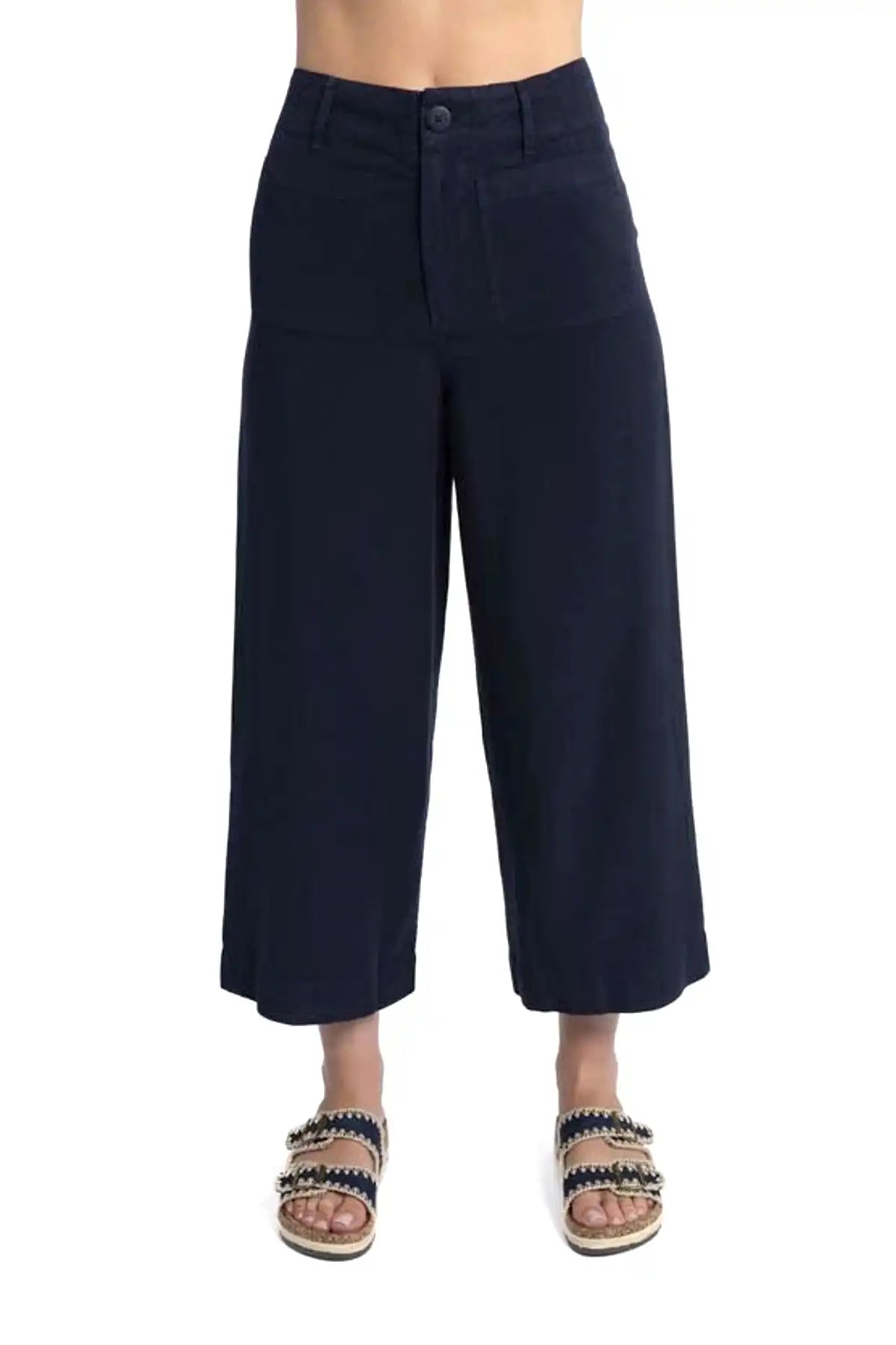 Humidity Marley Pant - Navy blue wide-leg pants worn by a person on a white background - front view