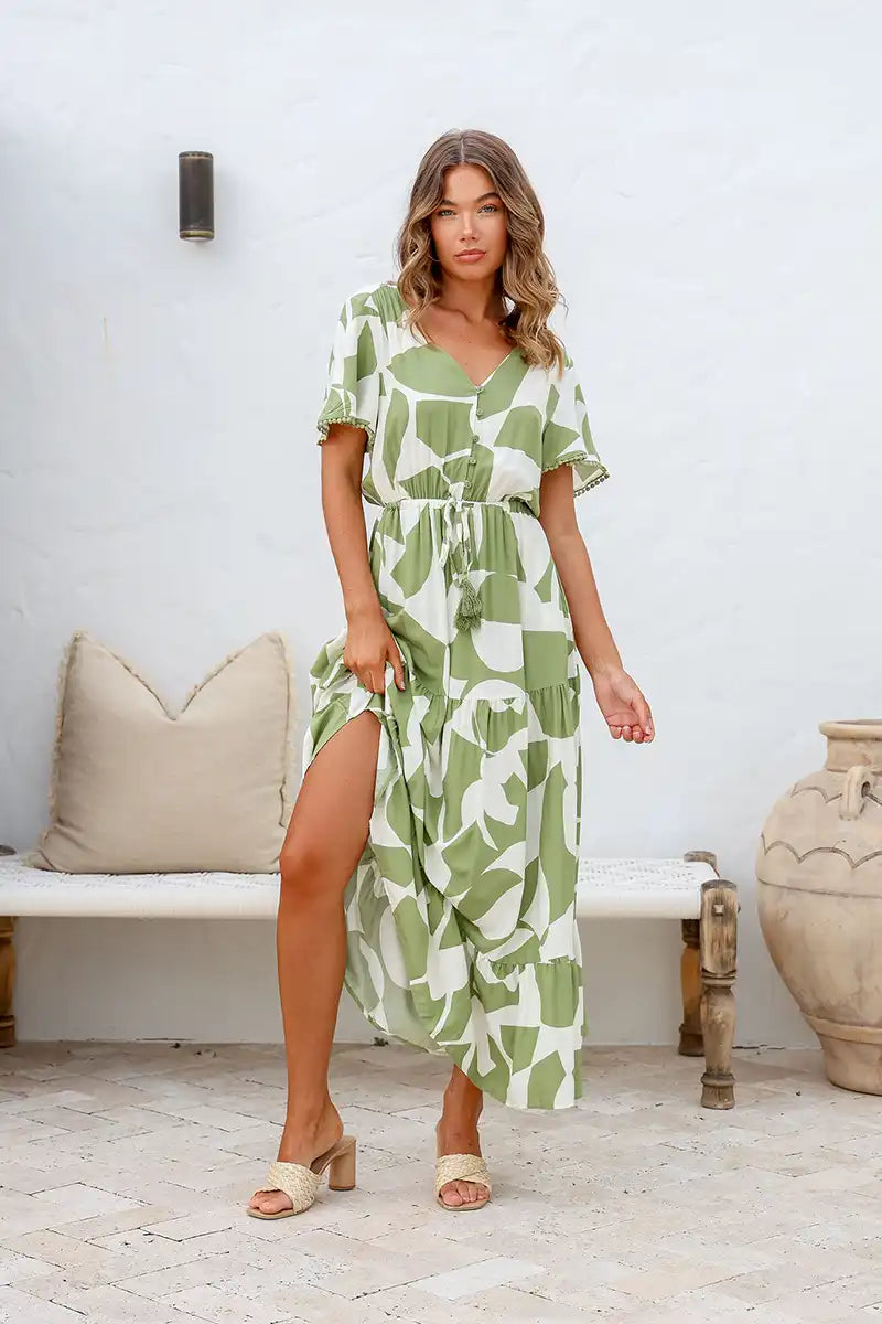 2nd front view of the Womens Maxi Dress - Leaf Print