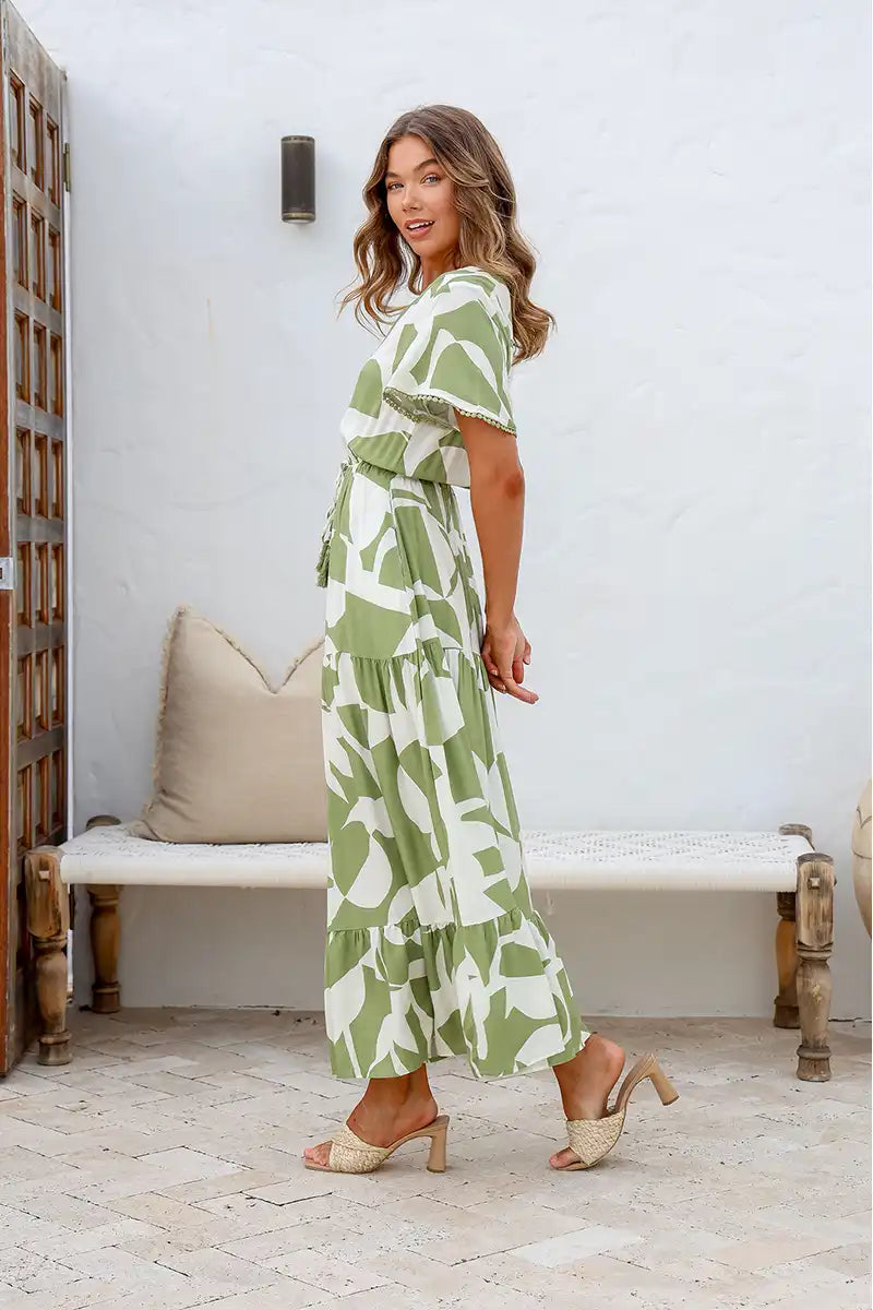 side view of the Womens Maxi Dress - Leaf Print