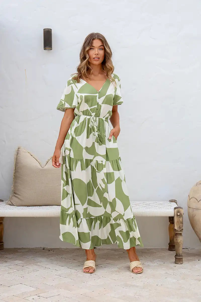 Womens Maxi Dress - Leaf Print front view