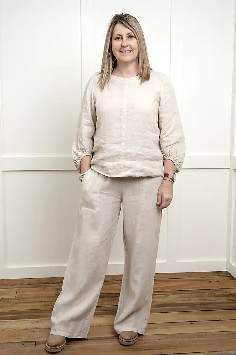 Isabella Italian Linen Pant and Giovanna Italian Linen Top both in Natural full front view
