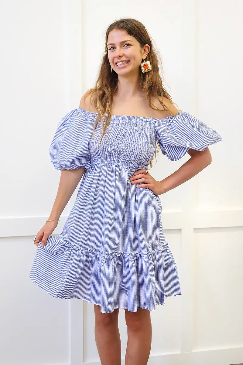 Kallie Puff Sleeves Dress in Blue Stripe front wearing off the shoulder