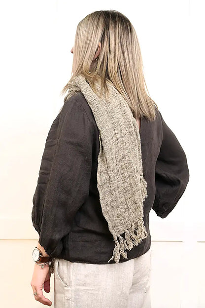 Le Rive Linen Scarf Hand-Loomed in Natural Taupe back 3/4 view