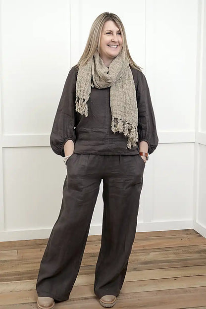 Le Rive Linen Scarf Hand-Loomed in Natural Taupe with chocolate outfit