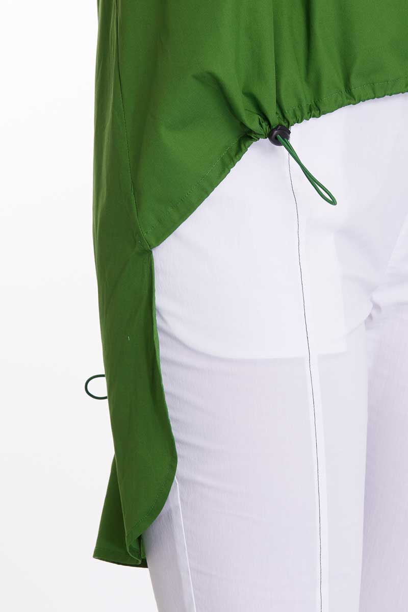 front toggle detail on the Marco Polo Hi Lo Hem Top Moss