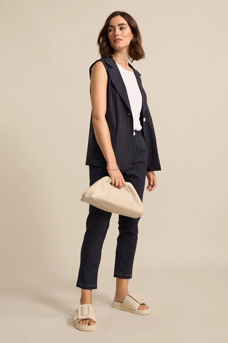 Marco Polo Pinstripe Pant in Navy full model side view