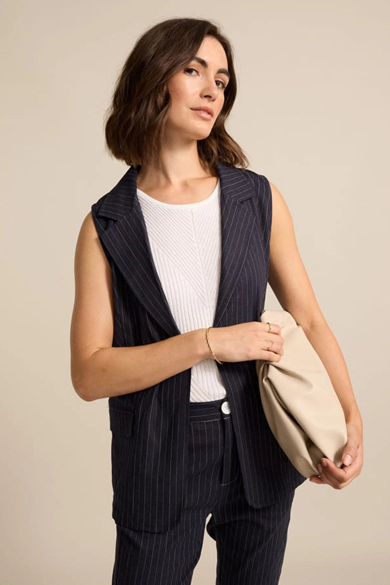 Marco Polo Pinstripe Pant in Navy detail view of the waist and complimentery vest