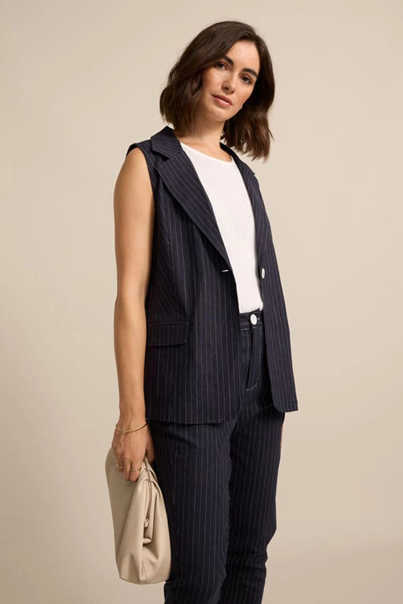 Marco Polo Pinstripe Pant in Navy side detail view