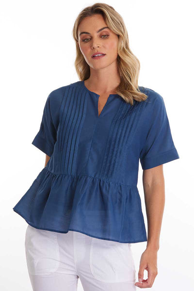 Marco Polo S/S Pleat Front Top Indigo front view