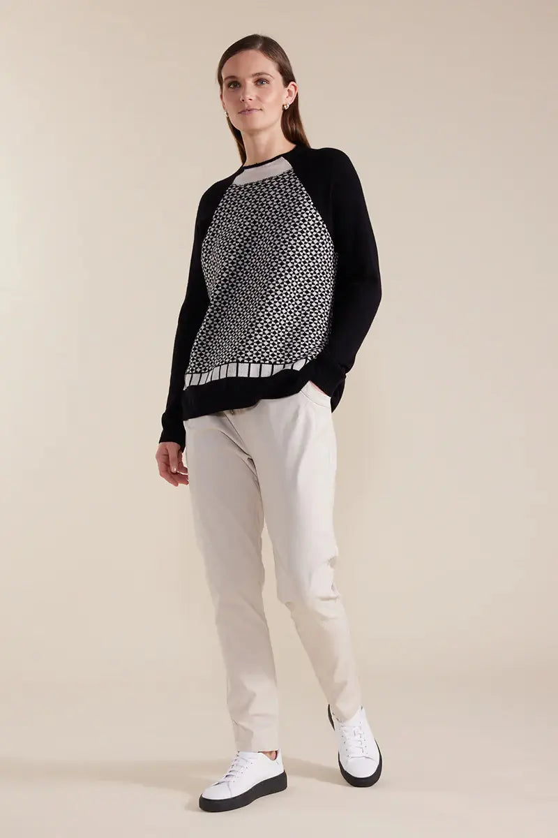full model studio view of the Marco Polo Long Sleeve Patterned Mix Knit