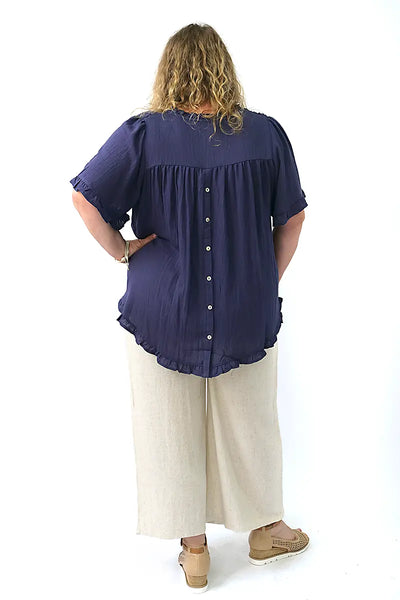 Monique Peasant Top in Navy Frill Hem back view