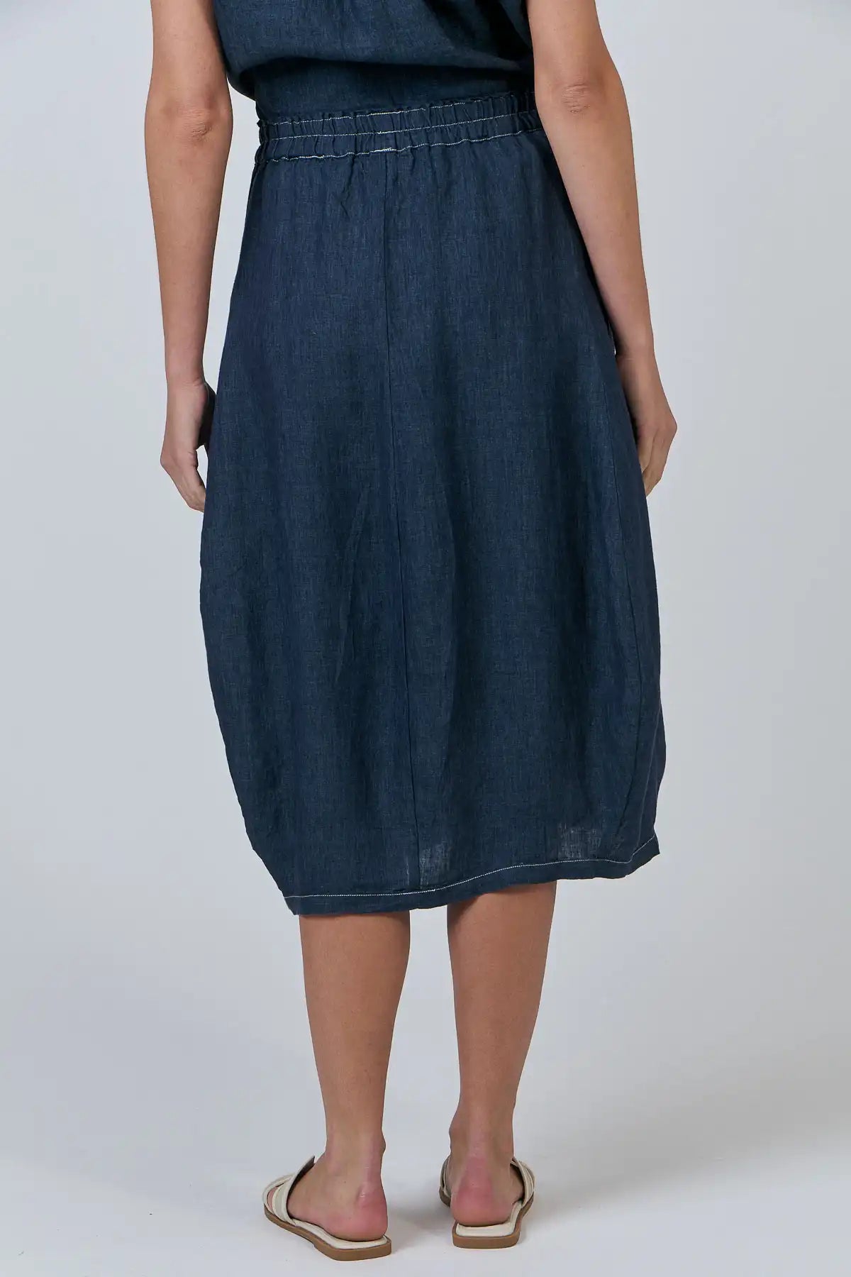 Person wearing a Bay Blue Linen Skirt on a white background back view